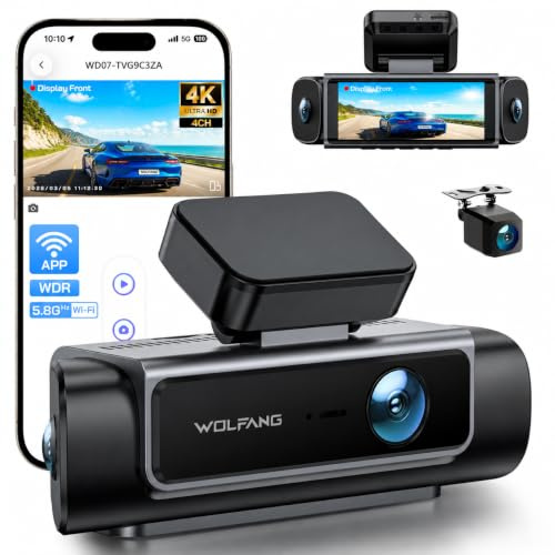 WOLFANG 4K Dashcam, 610° 4 Canales Cámara de Coche con 5,8 GHz WiFi & App, 4K+1080P×3 Cámara para Coche con 3.39 IPS, Visión Nocturna, Grabación en Bucle, Sensor G, WDR, Soporta Modo Parking 24H