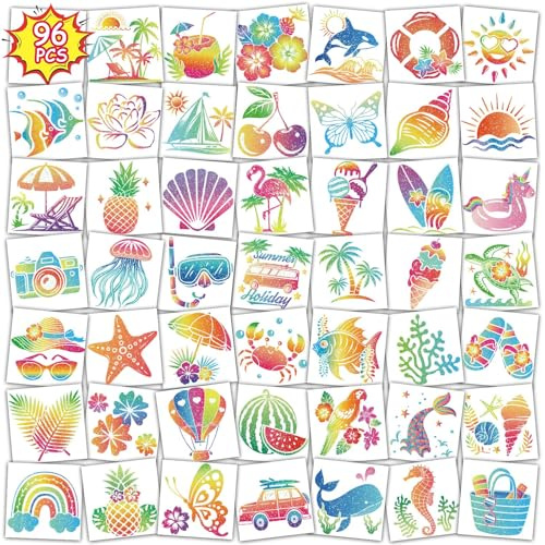 Qpout 96 Stück Glitzer-Hibiskus-Temporäre Tattoos, Hawaii-Blumen-Tattoos für Aloha-Party-Dekorationen, Sommerstrand-Luau, ideal als Hawaii-Party-Geschenke