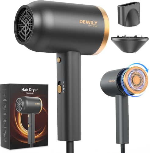 DEWILY Asciugacapelli ionico con diffusore –1800W Caldo/Freddo,Nero e Oro | Per un’asciugatura rapida con tasto, phon capelli con diffusore termoregolato, 3 livelli di calore, 2 velocità, fon viaggio
