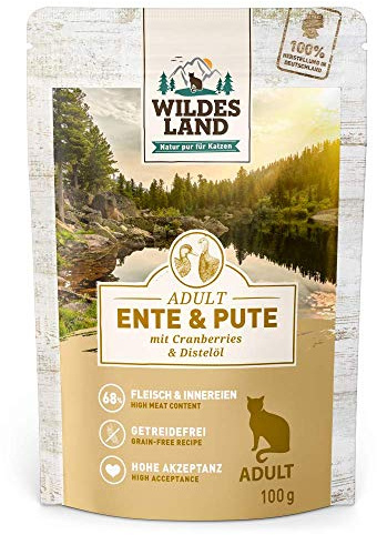 WILDES LAND – Ente & Pute | Nassfutter mit extra hohem Fleischanteil und natürlichen Zutaten für ausgewachsene Katzen. Getreidefreies Alleinfutter ohne Zusatzstoffe in der Dose | 12x100g Ente & Pute