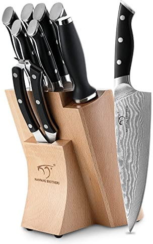 NANFANG BROTHERS 9 Pieces Damascus Kitchen Knife Sets with 67-Layer Japanese Damascus Steel, ABS Ergonomic Handle, Professional Ultra Sharp Knife Sets for Chefs with Beechwood Block