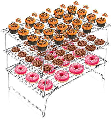 HaWare Cooling Rack, 3-Tier Stainless Steel Wire Rack Cooling Oven Tray, Roasting Baking Grilling Racks for Cake Cookie Bread, Collapsible & Expanded, Oven & Dishwasher Safe - 38x26 cm