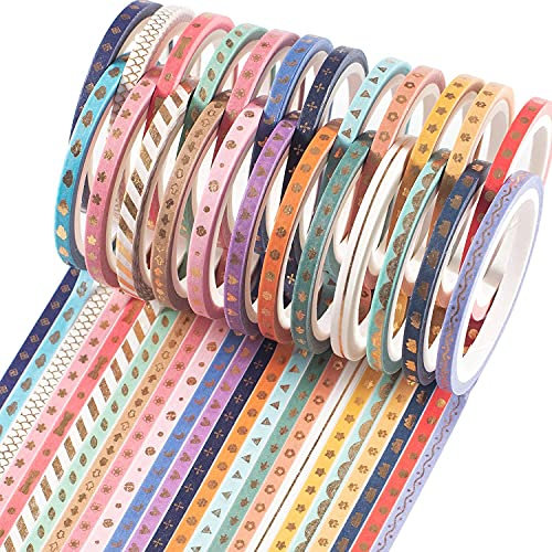 YUBX 24 Rollen Dünn Gold Washi Tape Set Masking Tape VSCO Folie Dekoratives Klebeband Bunt für DIY Handwerk Bullet Journals Planer Scrapbooking Verpackung 3mm Breite (Skinny 24)