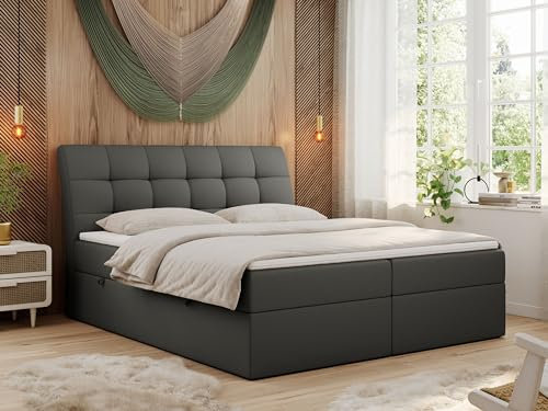 MKS MEBLE Boxspringbett 180x200 Dunkelgrau Kunstleder, Bett mit Multipocket Matratze H3 und Topper T25, Polsterbett 120x200 mit Bettkasten und Kopfteil, DIEGOS