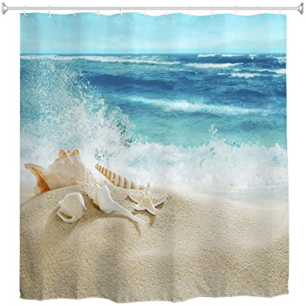 Oduo Duschvorhang 3D Meer Wellen Motiv, Duschvorhänge Wasserdicht Antischimmel Bad Vorhang Waschbar Badezimmervorhang Badewanne Vorhang mit 10-12 Duschvorhangringe (Muschel,120x180cm)