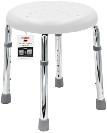 RIDDER – Bad-Hocker Go, Ø 50x34,9-52,5cm, weiß, Aluminium/PE/TPR | Höhenverstellbarer Duschhocker mit rutschhemmender Sitzfläche. Stabiler Badehocker | Belastbar bis 150kg