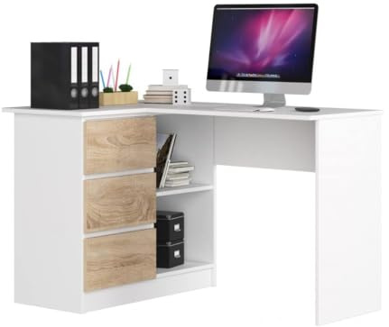 BDW Eckschreibtisch Weiß/Eiche Sonoma, 3 Schubladen Links und 2 Regale, viel Platz zum Entfalten. Perfekt für Jugendzimmer, Büros und Ateliers.