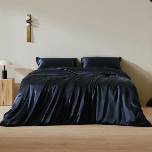 LILYSILK 100% Seidenbettdeckenbezug nahtlos für luxuriöses Schlaferlebnis | 19 Momme, Naturfaser, 400 Fadenzahl, verdeckter Reißverschluss, GOTS-zertifiziertes, 8 Eckbinder, Navy Blau, 140x200cm