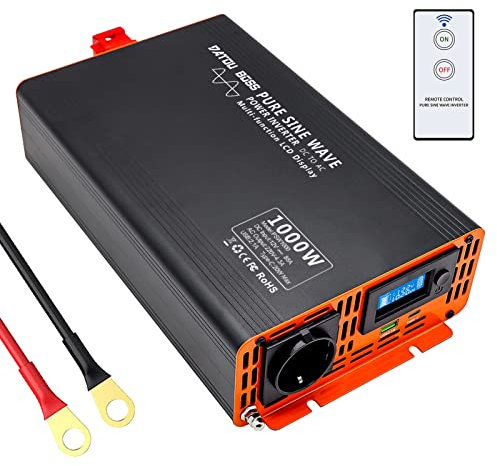 DATOUBOSS Wechselrichter 12v auf 230v Reiner Sinus 1000W/2000W, Spannungswandler 12V 230V 1000W Power Inverter mit 1 EU Steckdosen, LCD-Bildschirm, 1 Type-c und 1 USB Anschlüsse für Wohnmobil Auto