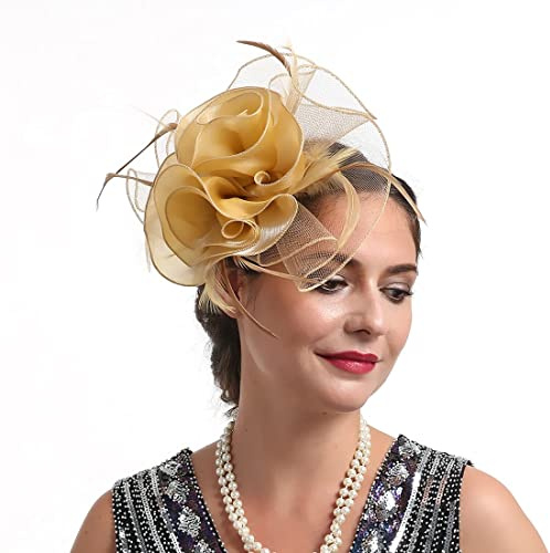 Bibi pour femme en organza avec fleurs, chapeau bibi de mariage, thé, chapeau, pilulier avec bandeau et pinces à cheveux, doré, Taille unique