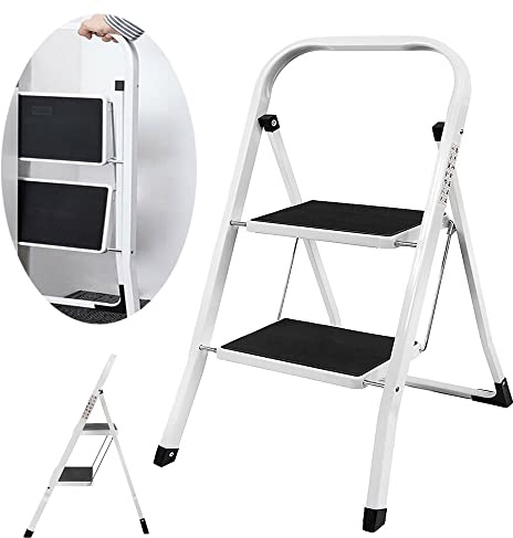 Scaletta pieghevole a 2 gradini, con gradini antiscivolo, in acciaio, con corrimano, per cucina, casa, esterni, adulti, bianco