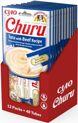 INABA Churu Puree Katzenleckerlis Creamy Snacks, Hochwertige Proteine mit Thunfisch & Rind 56 g (12er Pack), Katzensnacks in Premium Qualität