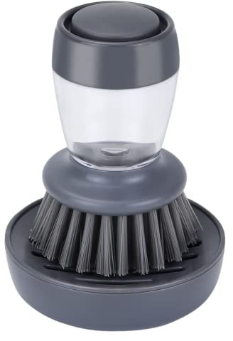 DAPOWER Dish Brush with Soap Dispenser, Kitchen Scrub Brush for Dishes Pots Pans Sink Cleaning, Dish Scrubber with Holder Set (Grey Handle & Nylon Bristles)