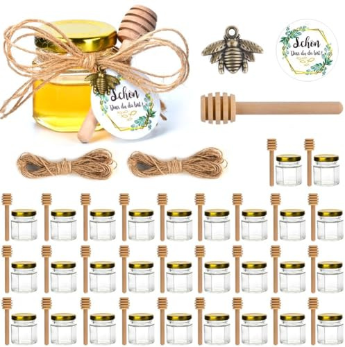 MAOOY 30 Pièces Mini Pot de Miel Hexagonaux de 45 ml, Petit Pot Confiture+Cuillère à Miel+Étiquettes en Eucalyptus+ Breloques Abeilles+20m Corde de Chanvre Pour Fête Prénatale Mariage et Fête