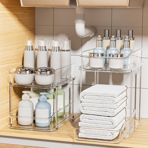 Delamu 2-Tier Under Sink Organizers and Storage, Multi-Purpose Stackable Bathroom Cabinet organizers, Pull Out Kitchen Pantry Organization and Storage with Dividers(2 Pack, Clear)