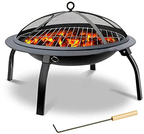Bol à feu Rond Pliant en Fonte, Barbecue, Foyer, brasero, brûleur à bûches de Jardin, Chauffage de Camping, Pique-Nique avec Couvercle en Maille