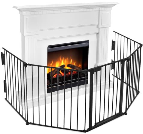 NAIZY 300cm Kaminschutzgitter mit Tür Kinderschutzgitter ohne Bohren 5 Elemente Ofenschutzgitter Faltbar Laufgitter Schutzgitter Metall Baby Ofengitter Kinderschutz