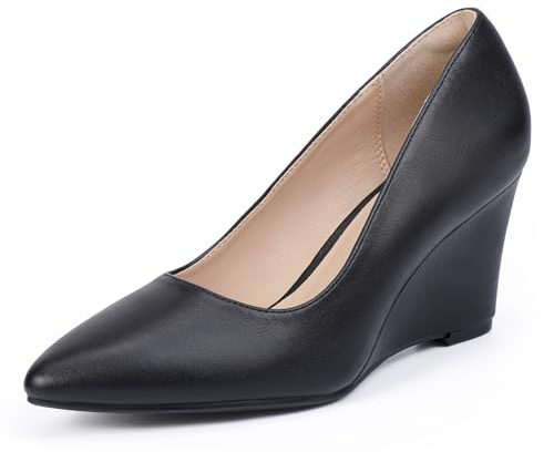 IDIFU Black Wedges for Women - Closed Toe Wedge Pumps - Low Heel Pointed Toe - Work Office Formal Business Dress Shoes - Cute Casual Dressy Comfortable Trendy - Wedge Pumps (Black Pu, 7.5)