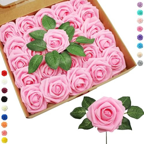 25pcs Faux Pink Roses Artificial Flowers - Real Touch Foam Roses Fake Flowers Bulk with Stem for Wedding Decor, Bridal Shower Crafts, Home, Baby Shower, Valentines Day Decorations