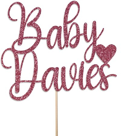 Personalised Baby Shower Cake Topper by KreateSquare – Double sided Glitter 950 GSM - Customised with Any Name - Welcome Baby Party Cake Decoration (Cerise)