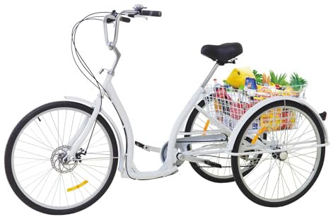 Erwachsene Dreirad 26 Zoll, 6-Gang 3 Räder Dreirad für Erwachsene Cruise Bike mit Einkaufskorb, Sitzhöhe Einstellbar, für Personen von 5,41-6,07ft, Weiß