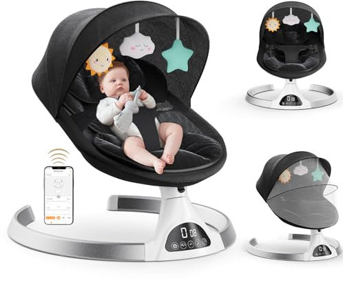 Kotsy Babywippe Elektrisch mit Mobile App Steuerung und Fernbedienung,Elektrischer Babyschaukel Stuhl mit 5-Schwing Amplituden 3-Stufen Timer Elektrischer Prahler für Baby (schwarz)