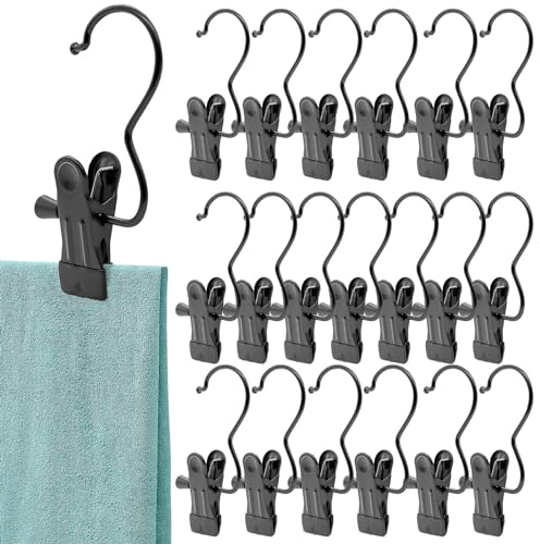 Piuluvor® Wäsche Haken 20Stü, Wäschehaken Schwarz Hosenbügel Metall Kleiderbügel mit Clips 360° Drehbarer rutschfest Haken für Hosen, Schuhe, Handtuch