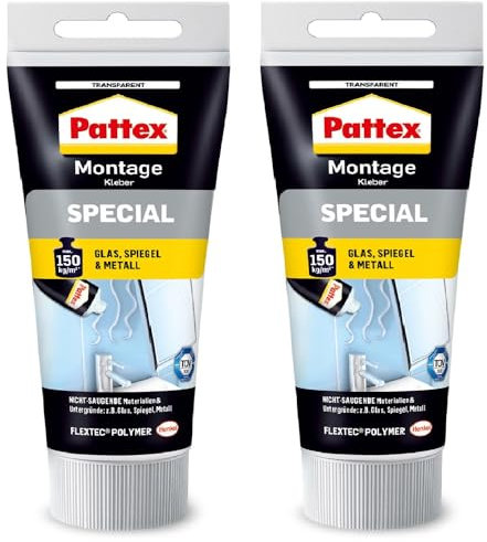 Henkel- Pattex Montaggio Speciale Tubo da 2 x 80 g, Adesivo per Vetro, Specchio e Metallo per Interni ed Esterni, per Materiali Non assorbenti, Trasparente, Multicolore, 9H PXK08X