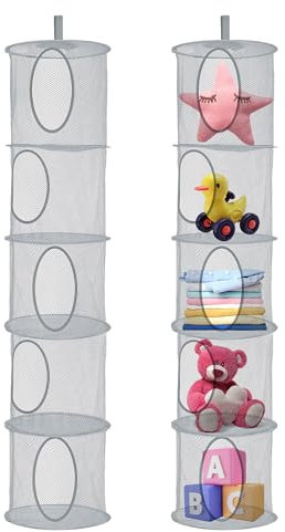 UESDU 2 Stück Hängeaufbewahrung, 5 Stufe Hängender Speicherkorb Faltbare Hängende Netz Aufbewahrungstasche Kuscheltier Aufbewahrung für Kinderzimmer Badezimmer Balkon(Grau)