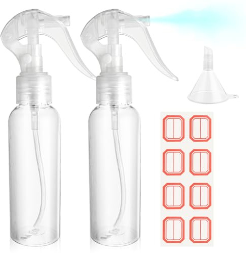 WLLHYF Paquete de 2 botellas pequeñas de spray de 3.5 onzas/100 ml, botella de plástico transparente vacía de viaje, recipiente de líquido reutilizable para salones, aceites esenciales, chorro de agua