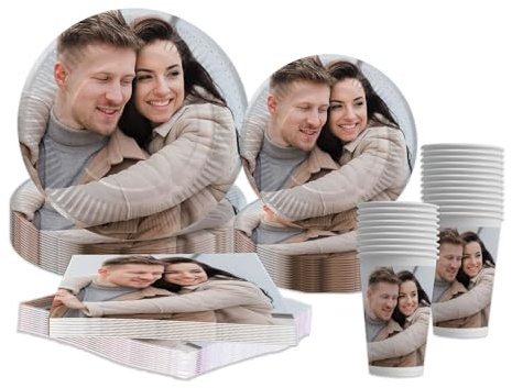 Bang Tidy Clothing Personalised Photo Party Decorations Pack of 25 50 100 Cups Napkins Small and Large Paper Plates, Party Tableware Set For Special Occasions 25