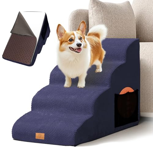 Masthome Scaletta per Cani, Scala Cani per Letto 4 Gradini, Scaletta Antiscivolo per Animali Domestici in Spugna, Rampa Antiscivolo per Cuccioli, con Copertura Lavabile, per Divano, Letto, Blu Navy