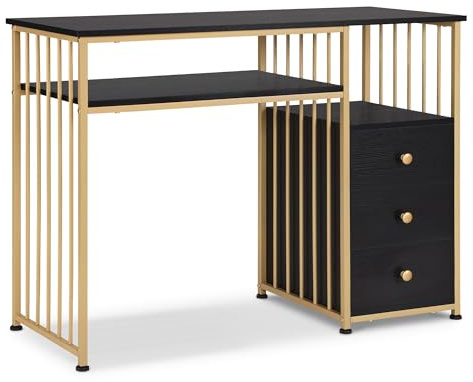 M MCombo Schreibtisch mit Schubladen, Schminktisch ohne Spiegel Schwarz-Gold, Nageltisch aus Holz Metallgestell, Computertisch Wohnzimmer Modern, 45,5 x 109 x 81cm, 2407