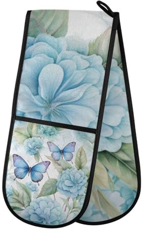Ofenhandschuhe, doppelte Ofenhandschuhe, blaue Hortensien, Blume, Schmetterling, Aquarell, Ofenhandschuhe, Topflappen, hitzebeständig, gesteppt, für Grillen, Backen, Küche, Kochen