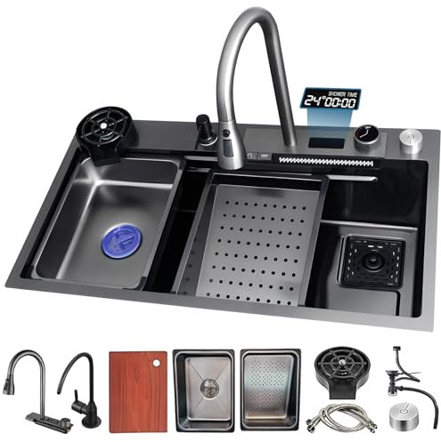 JetXYHub évier de cuisine en acier inoxydable 85 x 50 cm avec affichage de température effet cascade grand évier station de travail simple montage saillant idéal