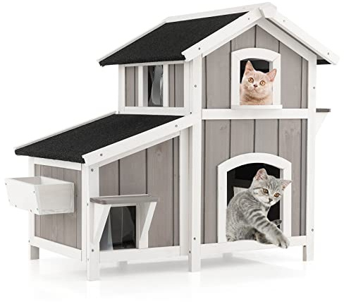 GOPLUS Casa para Gatos de 2 Niveles con Techo de Asfalto, Puertas de Escape, Plataforma, Cortinas de PVC para Interior y Exterior