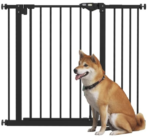 PawHut Cancellino per Cani Larghezza Regolabile Fino 94 cm, Nero | Cancello per Cani e Animali Domestici, Fissaggio a Pressione Senza Fori, Chiusura Automatica