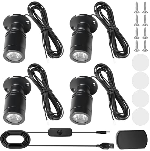 Aicharynic 4 Stück Mini Spot Licht, Mini Strahler Kleines Akzentlicht Set Warmweiß 3000K, USB 5V Punktstrahler 360° Drehbarer Punktstrahler für Vitrinen, Schränke & Deko