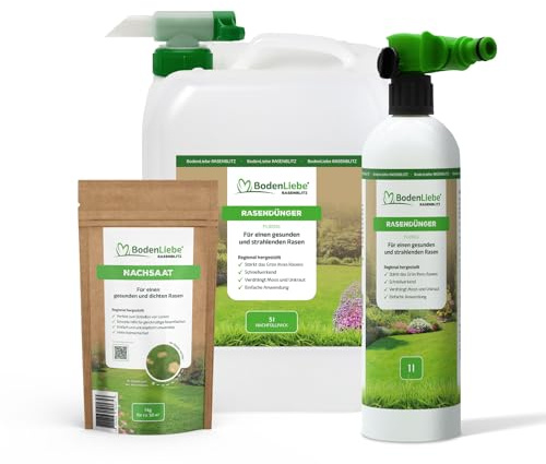 BodenLiebe Rasenretter Set RASENBLITZ 5 L Flüssigdünger | rette deinen Rasen schnell & einfach, mit Sprühflasche & 1 kg Nachsaat, sattes Grün in 1-2 Wochen, für 250-500 m²