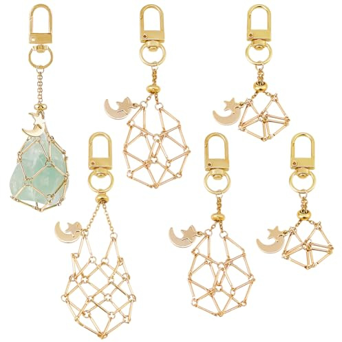 PH PandaHall 3 tailles Porte Clés en Pierre de Cristal 6pcs Porte-clés en Maille Cage Étoile Lune en Pierre Pendentif pour Bijoux DIY Sac à Main Sac à Dos Décor