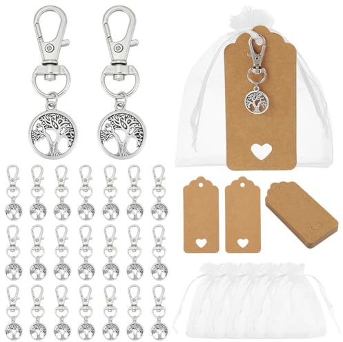 PH PandaHall Set di 24 portachiavi a forma di albero della vita, in argento, con sacchetti regalo in organza, portachiavi per celebrazione della vita, con etichette vuote, per Natale, matrimoni