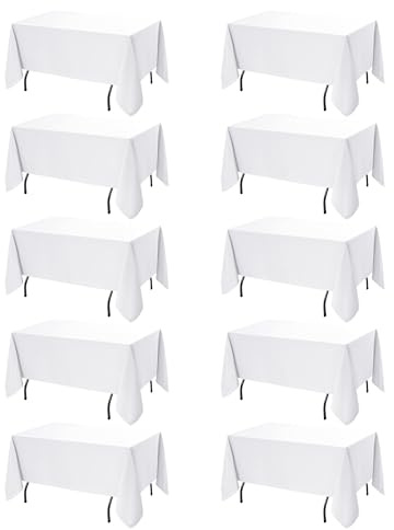 Dailyset 10-Pack White Tablecloths for Rectangle Tables, 60 x 120 Inches, Stain-Resistant Polyester Fabric for 6 Foot Tables - Washable Table Covers for Weddings, Banquets, Birthday, Parties, Events