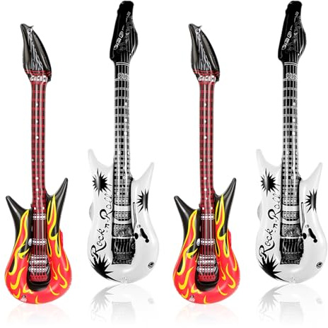 YAUOIPI 4 Pcs Inflatable Guitar for Adults Kids, Rock Flame Design Blow Up Guitar, Punk Rock Star Fancy Dress Rockstar Accessories, Party Props for Themed Parties, Karaoke Decorations (90cm)