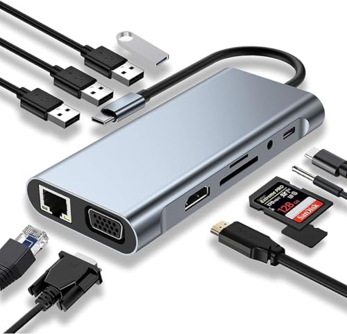 ALMALUX Hub USB-C 10 en 1, Adaptador Multipuerto con HDMI 4K, VGA, Ethernet RJ45, 3X USB 3.0, Lector SD/TF, Compatible con MacBook Pro/Air, iPad y Laptops USB-C
