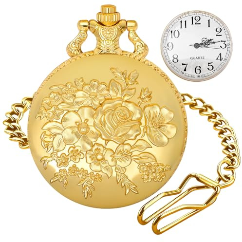 Tiong Gold Solid Small-Flower Quartz Pocket Watch with an Elegant Vintage Style and Arabic Numeral Dial
