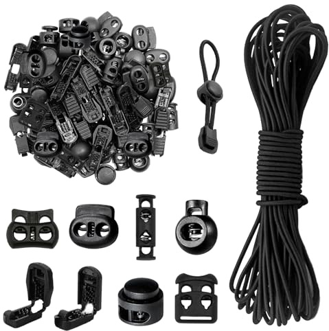 SHUOHONG Cuerda Elástica Cordón de Goma Elástico de 10 M de 3 MM | con 60 Topes de Cordón + 20 Abrazadera de Cordón Banda de Goma Redonda Cuerda Expansora de Goma para Mochila Ropa Zapatos