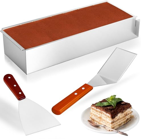 OUZHOU Marco para hornear rectangular, ajustable, forma de tiramisú, rectangular, con deflector extraíble y 2 espátulas, molde de acero inoxidable, rectangular, fácil de limpiar, para preparación de