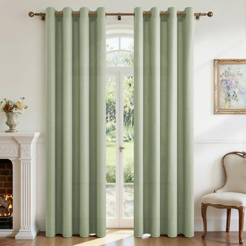 CUTEWIND Vorhang Leinenoptik Grün Halbtransparent Ösenvorhang 2er Set H 225 x B 140 cm, Leinenvorhänge Gardinen mit Ösen für Wohnzimmer Schlafzimmer Kinderzimmer, Curtains Living Room