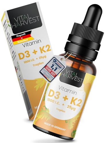 Vital Harvest® Premium Vitamin D3 K2 Tropfen 1000 IE 50ml | Hochdosiertes D3 & K2 MK-7 | Veganes Vitamin D3 + Vitamin K2 MK7, laborgeprüft in Deutschland hergestellt - ohne Zusatzstoffe (50ml)