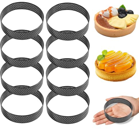 CAAGGMM mousse tartelettformar, 8 stycken 8 cm rostfritt stål bakringar dessertringar med hål, liten cirkelring kakor, runda tårtringar, för matsal och kök, svart